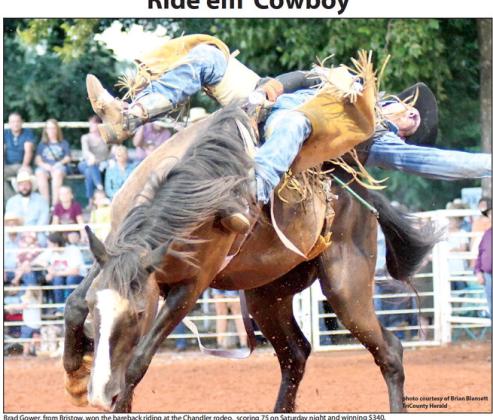 Brad Gower, from Bristow, won the bareback riding at the Chandler rodeo, scoring 75 on Saturday night and winning $340.