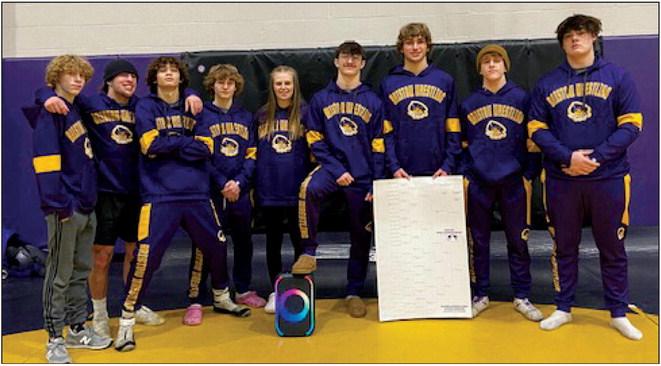 Nine Bristow Pirate wrestlers are off to State competition. From left, Kolson Seachris, Hank Powell, Kale Fruits, Javon Freeman, Zoey Freeman, Chandler Fortney, Haydan Yocham, Hudson Claggett, and Marley Branscum..