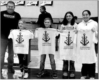 This game’s trait was Discipline. Each of these students were selected to represent their site demonstrating this trait. From left with shirt, Charlie Fankhauser, Edison Elementary; Zeddie Cantrell, Collins Elementary; Elizabeth Robertson, Bristow Middle School and Makenna Hooks, Bristow High School.