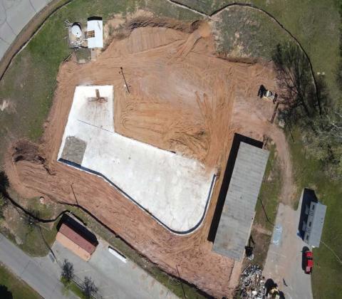 A drone’s image was recenly taken of the progress on the city pool. The pool is to be completly finished by the summer of 2024.