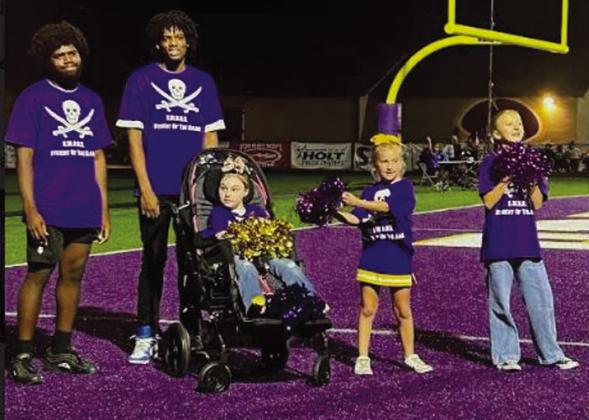 The Bristow Purple Pirate Athletics recognized these five individuals for the S.W.O.R.D Students of the game for the third home game. This game the trait was ownership. These students were selected to represent this trait at their sites. From left, Cameron Scaife and Brian Hopgood, Bristow High School; Tinlee Holderfield, Edison Elementary; Henley Wilson, Collins Elementary and Laylee Capps, Bristow Middle School. courtesy photo