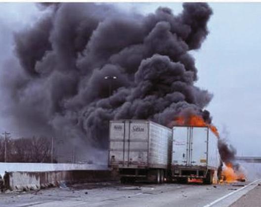 Two semis collided on the Turnpike near Stroud on Friday. The westbound and eastbound lanes of the turnpike were shut down. Both drivers of the semis escaped the firey crash with no injuries.