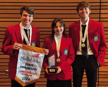 Dylan Leach, of Mannford, Pre-Engineering Academy, Lily Watkins, of Depew, Pre-Engineering Academy and Caden Kennedy, of Chushing, Pre-Engineering Academy,1st Place winners. courtesy photo