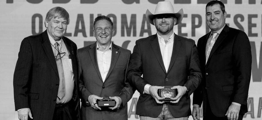 President Rodd Moesel presents Sen. Todd Gollihare and Rep. Trey Caldwell with 2025 OKFB Champion Awards along with OKFB Director of Public Policy Gage Milliman courtesy photo