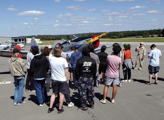 Bristowans view Fairchild PT-19 as CAF Spirit of Tulsa Squadron Unit Leader and Pilot Robert Prater speaks. courtesy photo