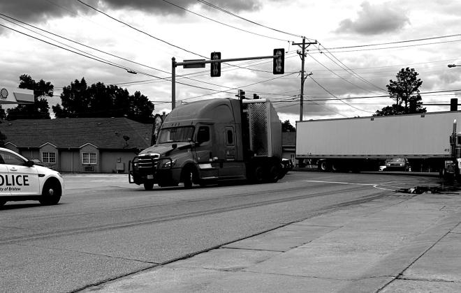 This semi broke an air line as it was turning at the corner of First and Main causing traffic to be diverted . courtesy photo