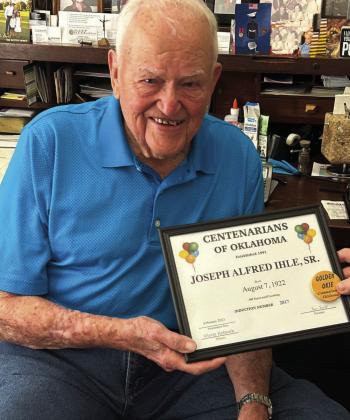 Centenarians Of Oklahoma was proud to honor Joe Ihle of Bristow on the occasion of his 100th birthday celebration and inducted him into the Centenarians of Oklahoma Hall of Fame. Joe served his country during World War II. He still drives to his pecan farm daily where he has worked for the last 70 years and is still lookiing to the future. Now at the century mark Joe embodies our Greatest Generation and is a time capsule reminding us of the best values of a bygone era.