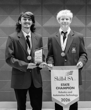 Earning 1st place in Robotics and Automation Technology for secondary students is (L-R): Carter Meloy of Cushing; Kolson Seachris of Bristow.