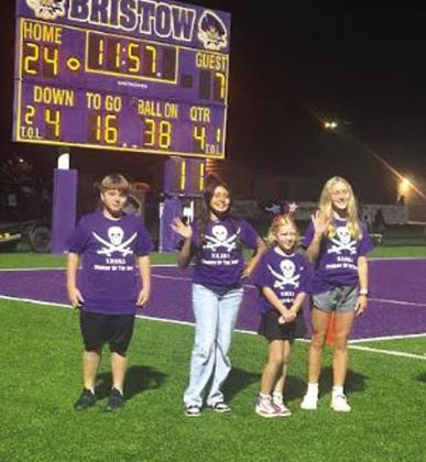 Bristow Purple Pirates Athletics recognized the students for week one. S.W.O.R.D represents the core values instilled by the Bristow Purple Pirates Football program. The trait for Week One is Selfless. Each of the students were selected to represent their sites for demonstrating this trait. Pictured from left, Gael Moreno-Garcia, Collins Elementary; Melina Luevano, Bristow High School, Nora Thomas, Edison Elementary, an Rainee Godwin, Bristow Middle School. courtesy photo
