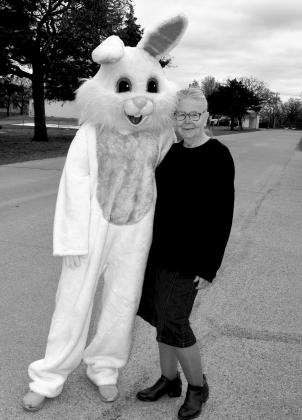 Easter Bunny and Sharon VanOrsdol, who has organized the city Easter Egg Hunt for over 30 years.