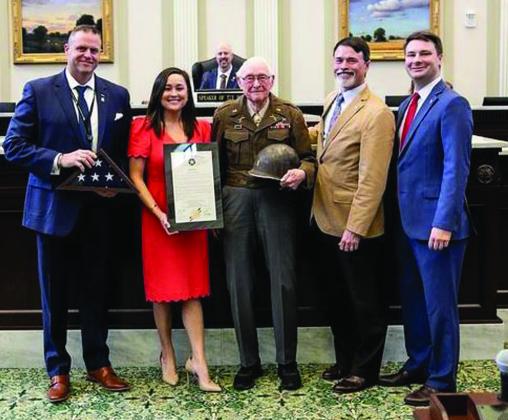 George Krumme was recognized as the Veteran of the Week in the Oklahoma House of Representatives on March 6 by House Speaker Pro Tempore Kyle Hilbert, R-Bristow. Standing with George Krumme from left to right are Reps. Josh West, R-Grove; Cyndi Munson, D-Oklahoma City; John Waldron, D-Tulsa; and Hilbert. Rep. Jay Steagall, R-Yukon, presides in the chair. courtesy photo