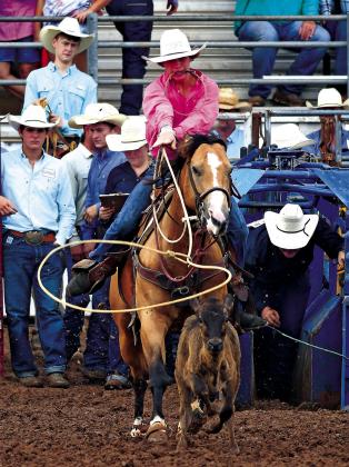 Brian Blansett photo Tri County Herald Colby Palmer, from Bristow, roped his calf in 9.5 seconds Monday morning in the first go-round at the International Finals Youth Rodeo in Shawnee.