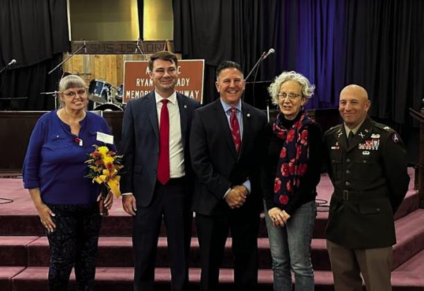 Army Spc. Ryan Grady's mom Debora Hudacek Grady, Speaker Pro Tempore Kyle Hilbert, Sen. Todd Gollihare, Bristow Mayor Kris Wyatt, and Col. Carl Chasteen. courtesy photo