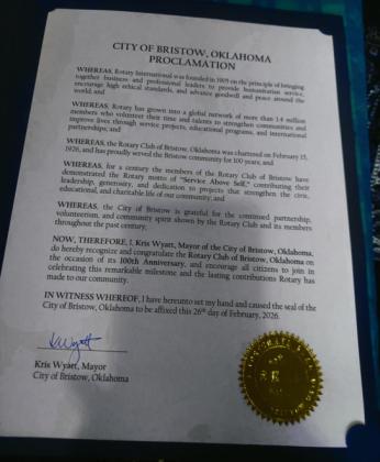 Above, Proclamation presented by Mayor Kris Wyatt to Carole Elllis, President of the Rotary Club, 2025-2026, during the 100th Birthday meeting. Right is the citiation given to the club by the State.