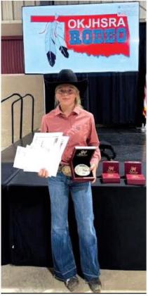 Brook Banks, from Bristow, along with her horses Chicken and Rollo have made their way to the top of the OKJHSRA rankings. With Banks hard work, she has earned the title of Oklahoma Junior High All Around State Championship, the OKJHSRA Breakaway Chamipion and the OKJHSRA Ribbon Roper Runner Champion.