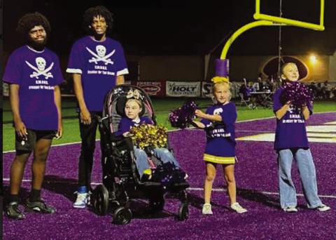 The Bristow Purple Pirate Athletics recognized these five individuals for the S.W.O.R.D Students of the game for the third home game. This game the trait was ownership. These students were selected to represent this trait at their sites. From left, Cameron Scaife and Brian Hopgood, Bristow High School; Tinlee Holderfield, Edison Elementary; Henley Wilson, Collins Elementary and Laylee Capps, Bristow Middle School. courtesy photo