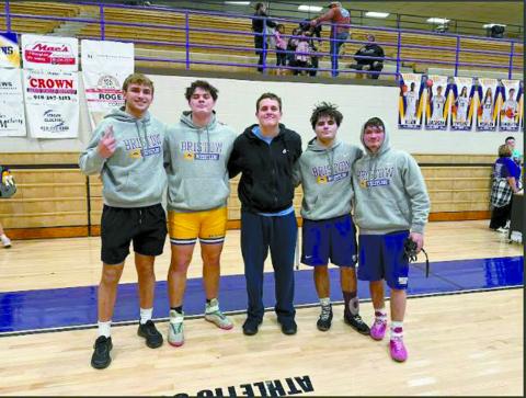 The Bristow Purple Pirate wrestling seniors from left are Haydan Yocham, Marley Branscum, Charlie Rennison, Cain Clay and Shane Bethel.
