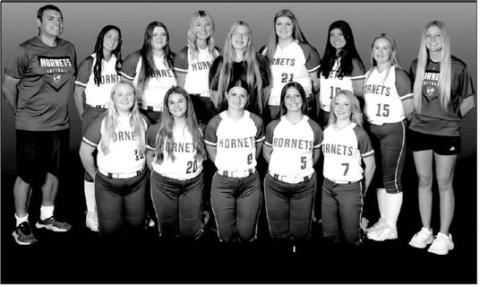 The Depew Hornet Softball team, front row, kneeling, Autumn Dyer, Audrey Bennett, Kyiah Low, Misty Dowdy and Kodi Vick. Back row, standing, Assistant CoachWilliam Cencoma, Jordan Proctor, Erica Peeler, Kylee Smith, Kaylee McDaniel, Addy Kearney, Stephanie Parrick, Claire Bailey and Head Coach Macey Morris.
