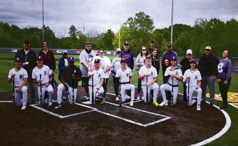 From left , Matthew Brown with dad, Matt Brown and the late Angie Brown, Tyler Lawrence with parents David Lawrence (not pictured) and Lindsey Jones, Cameryn Scaife mother Josalyn Scaife. Westin James with parents Jon and Kristal Hobson, Jaxson Crouch with parents Tony and Stacy Crouch, Marley Branscum with parents Will and Robin Branscum, HaydanYocham with parents Justin and KimYocham, and Will Remington with parents Stephanie Kelly and Dr Jason and Raven Remington. courtesy photo