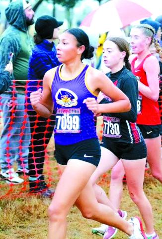 Brian Blansett photo Tri-County Herald Bristow Pirate Cross Country runner, Ayana Bruner, is a three time cross country state qualifier. Here she runs at State, on a chilly, raining Saturday.