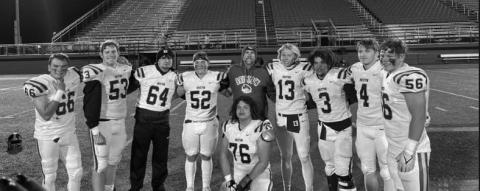 Pirate senior players are Elijah Knight, Steve Mizell, Hunter Chuculate, Parker Ledbetter, Xavier Bigpond, Coach Brett Jones, Ryder Goodwin, Charles Ware, Cameron Peters, and Jakobi McDaniel. The Pirate football team made play-offs for the eighth straight year. courtesy photo