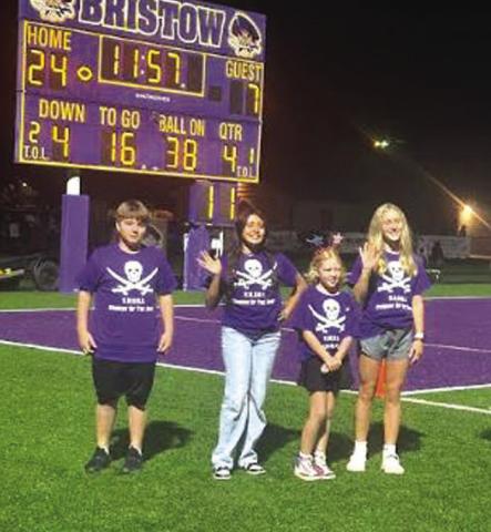 Bristow Purple Pirates Athletics recognized the students for week one. S.W.O.R.D represents the core values instilled by the Bristow Purple Pirates Football program. The trait for Week One is Selfless. Each of the students were selected to represent their sites for demonstrating this trait. Pictured from left, Gael Moreno-Garcia, Collins Elementary; Melina Luevano, Bristow High School, Nora Thomas, Edison Elementary, an Rainee Godwin, Bristow Middle School. courtesy photo