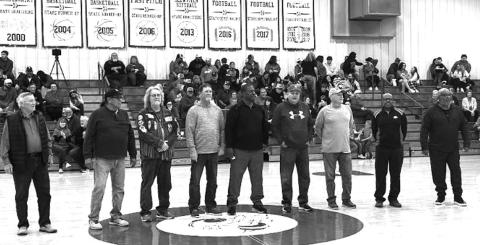 Not only was it Senior night for the Depew Hornets but the 50th anniversay of the Championship. 1975 State Champions are pictured from left Coach Clyde Eslick, Sammy Hill, Frank Robnet, Mark Eslick, Lawrence Washington, Bruce McKenzie, Ray Garland, Steve Burke and Chris Canady. courtesy photo