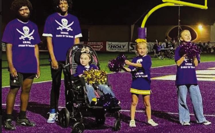 The Bristow Purple Pirate Athletics recognized these five individuals for the S.W.O.R.D Students of the game for the third home game. This game the trait was ownership. These students were selected to represent this trait at their sites. From left, Cameron Scaife and Brian Hopgood, Bristow High School; Tinlee Holderfield, Edison Elementary; Henley Wilson, Collins Elementary and Laylee Capps, Bristow Middle School. courtesy photo